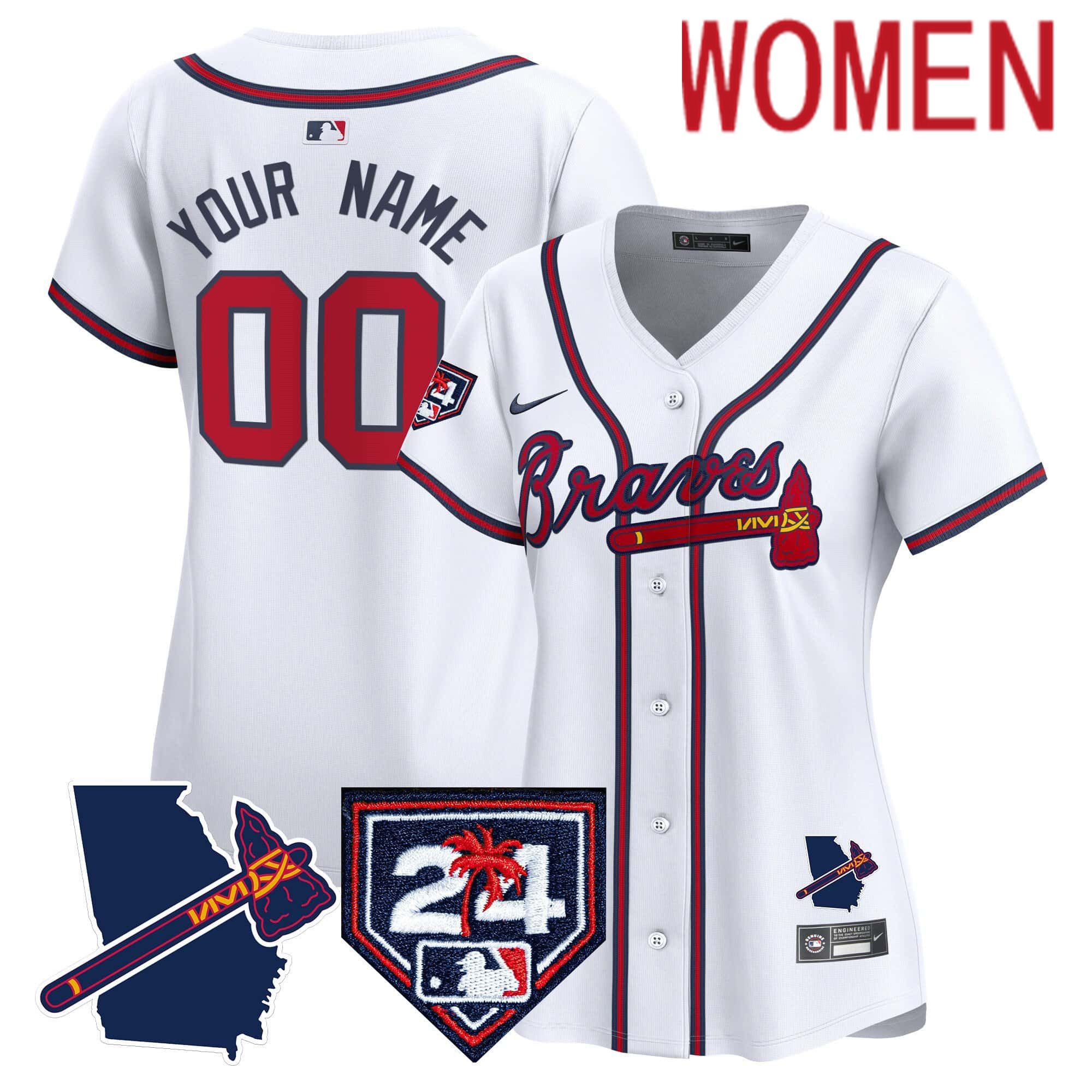 Women Atlanta Braves White Nike 2024 Spring Training & Georgia Patch Vapor Premier Elite Custom MLB Jersey style 1